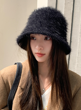 Vva Kataki黑色帽子女款2023新款秋冬季保暖仿兔毛渔夫帽显脸小针
