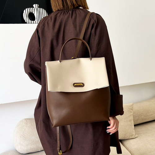 真皮背包韩版简约三用包手提包电脑包双肩包可单肩牛皮磨砂皮撞色