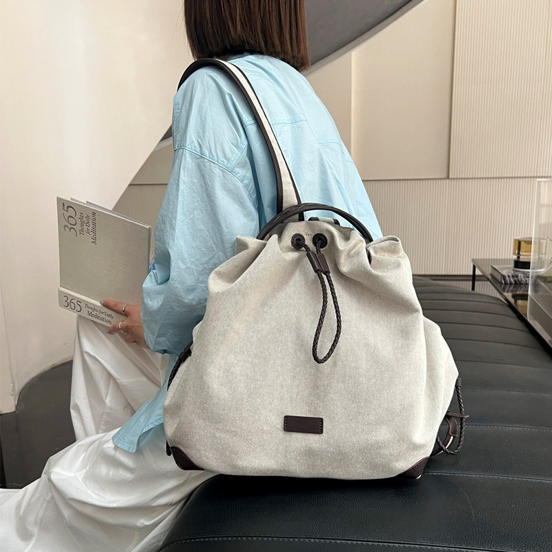 双肩包女士新款棉麻配牛皮背包撞色时尚双肩背包休闲学生书包潮流