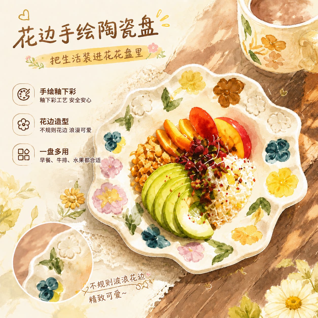 复古粗陶花鸟盘田园风芝麻釉水果西餐牛排花间呓语盘高颜值小众