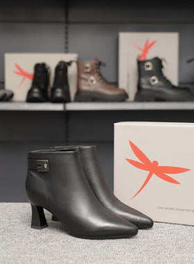 红蜻蜓CD52991321B 女鞋2025冬羊皮高级感粗跟尖头时装短靴女靴子