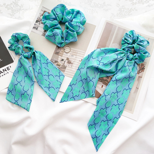 原创发饰法式 风情超大肠圈孔雀蓝绿发圈飘带发绳蝴蝶结OL复古头花