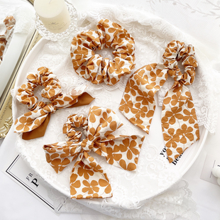 原创发饰日系森女头饰品棉麻橘色花朵发圈蝴蝶结发绳飘带头绳皮筋