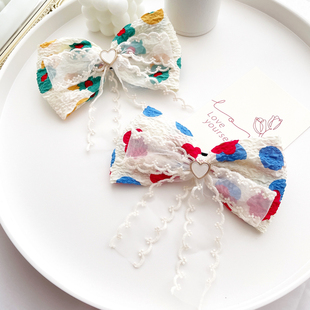 原创发饰复古夏日泡泡纱蕾丝大号蝴蝶结发夹后脑勺女发卡头饰顶夹