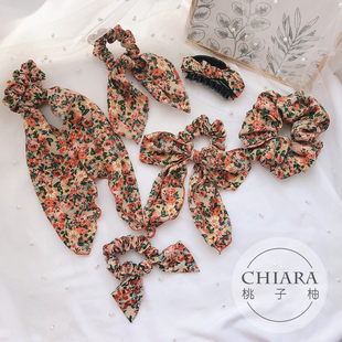 田园复古碎花雪纺大肠圈蝴蝶结发圈飘带发绳头饰发饰 ins法式 包邮