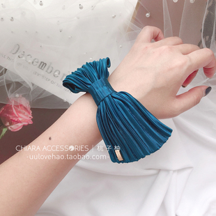 浪漫蝴蝶结发圈孔雀蓝百褶绸缎发绳韩国头饰头花 复古发饰法式 包邮