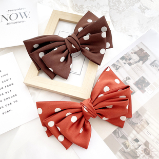 法式 复古波点发饰三层蝴蝶结丝绸缎面发夹棕色气质发卡头饰顶夹子