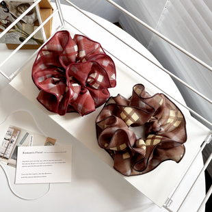 法式 复古酒红色双层大肠发圈女高级感低马尾格子发饰丸子头饰发绳