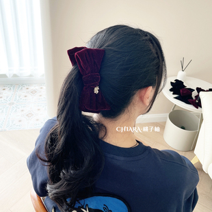 法式 高级发饰细闪红丝绒蝴蝶结香蕉夹马尾夹发夹竖夹吊坠头饰发卡