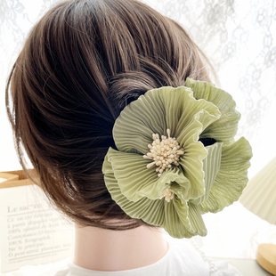 法式 复古山茶花抓夹雪纺发抓气质盘发夹ins大号鲨鱼夹后脑勺头饰