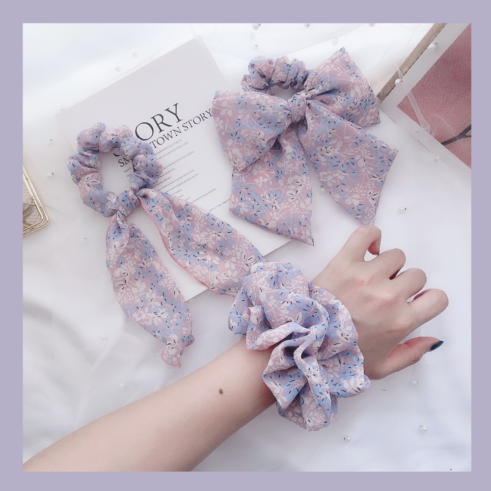 长春花蓝色雪纺紫色飘带发圈头绳