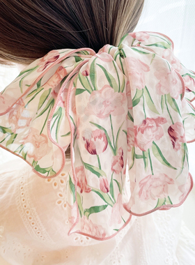 ins郁金香发饰仙女蝴蝶结发圈夏天粉色碎花飘带发绳头绳皮筋头饰