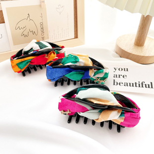 原创发饰复古印花高档发抓夹大号花朵盘发夹头饰韩国头花鲨鱼夹子