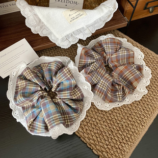 日系学院风复古格子超大肠发圈花边发绳丸子头饰皮筋发饰女扎马尾