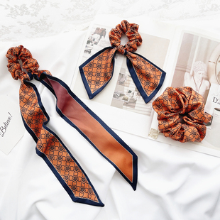 原创发饰复古花纹吊坠大肠圈蝴蝶结发圈超长飘带发绳法式 中古头饰