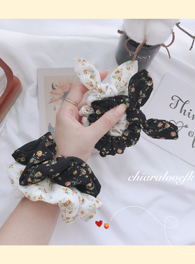 ins法式复古花园布艺发圈黄色玫瑰猪大肠圈蝴蝶结发绳兔耳朵皮筋