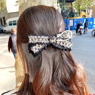 ins复古小香风蝴蝶结发夹缎带高级珍珠钻顶夹气质发卡后脑勺头饰