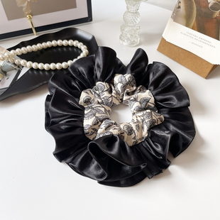 高级发饰复古黑玫瑰花发圈缎面荷叶边超大肠圈女盘发绳扎头饰头花