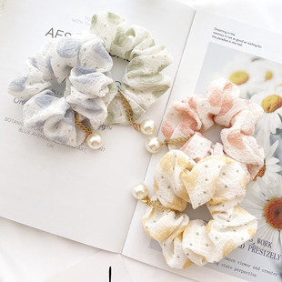 原创发饰甜美雪纺泡泡纱珍珠吊坠发圈波点发绳头饰丸子头皮筋 包邮