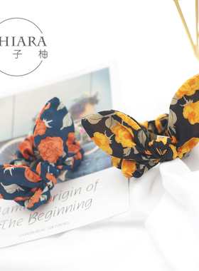 原创发饰复古浪漫花朵软萌兔耳朵发圈雪纺蝴蝶结发绳韩国头饰头花