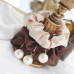 原创发饰法式 浪漫复古丝绸缎面小肠圈中号发圈珍珠发绳棕色OL头饰