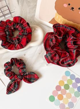 圣诞节红色格子大肠圈兔耳朵发圈少女头饰原创新年发饰盘发绳皮筋