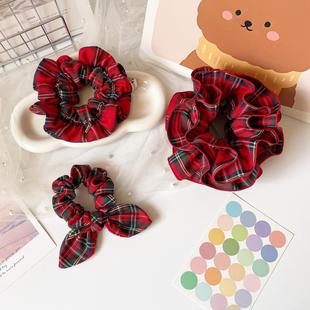 圣诞节红色格子大肠圈兔耳朵发圈少女头饰原创新年发饰盘发绳皮筋