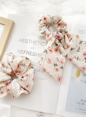 原创发饰日系复古泡泡纱发圈雪纺小花朵蝴蝶结发绳飘带大肠圈头花