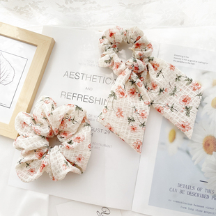 原创发饰日系复古泡泡纱发圈雪纺小花朵蝴蝶结发绳飘带大肠圈头花