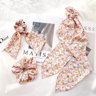 浪漫粉色花朵复古雪纺蝴蝶结发绳发圈森女飘带发饰OL头绳 法式 包邮