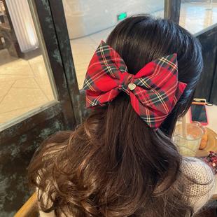 圣诞节发饰新年红色格子蝴蝶结发夹公主头女大号后脑勺头饰弹簧夹
