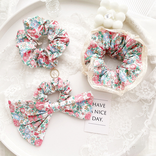 夏日复古发饰粉色棉布蝴蝶结发圈吊坠发绳头绳大肠圈盘发丸子头饰