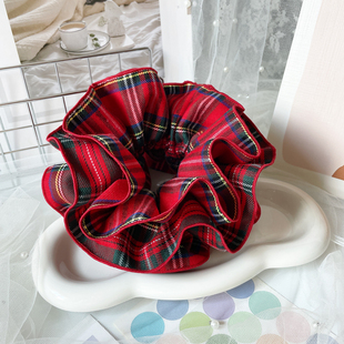 露思同款 格子发圈丸子头饰大肠圈红色可露丽发饰头绳马尾皮筋发绳