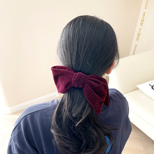 秋冬高级发饰超大细闪丝绒蝴蝶结黑色发夹顶夹珍珠盘发后脑勺头饰