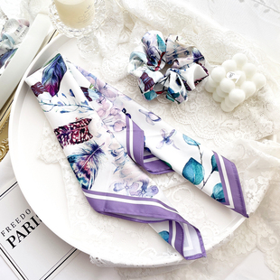 原创发饰紫色繁花方巾飘带发圈大肠圈发绳两用头饰品编发头花盘发