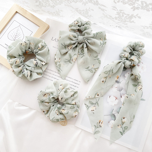 浪漫花朵复古雪纺蝴蝶结发绳绿色发圈森女飘带发饰头饰 法式 包邮