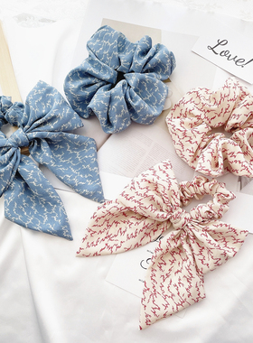 原创发饰日系盐甜少女蓝色大肠发圈复古蝴蝶结发绳飘带头花头饰女