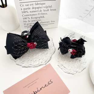 原创设计暗黑玫瑰花发饰高级蝴蝶结抓夹大号丸子头发夹后脑勺头饰