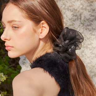 ins法式 复古发饰高级黑色欧根纱珍珠超大肠发圈头绳发绳丸子头饰