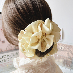 桃子柚发饰奶黄色印花大肠发圈三层发绳后脑勺头饰女丸子头花皮筋
