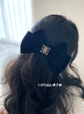 秋冬复古发饰法式高级黑色丝绒蝴蝶结发夹手缝金属扣顶夹发卡头饰