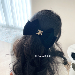 秋冬复古发饰法式 高级黑色丝绒蝴蝶结发夹手缝金属扣顶夹发卡头饰