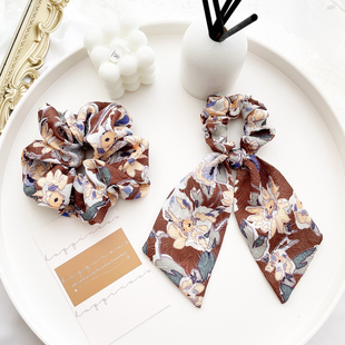 法式 复古发饰高级感咖啡花朵大肠发圈大号头绳飘带蝴蝶结发绳头饰