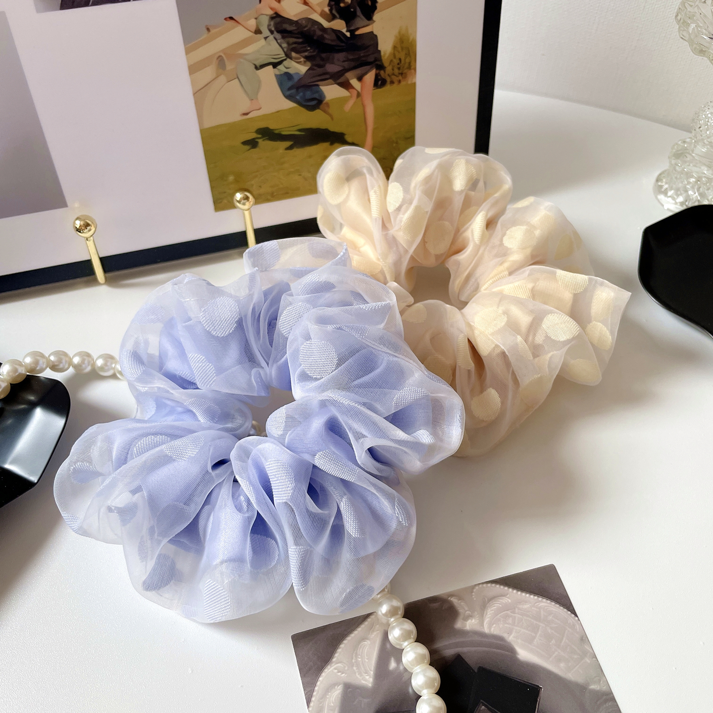 ins韩国发饰公主纱波点大肠圈高级感双层大号发圈丸子头饰盘发绳