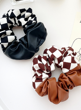 新款发饰日韩复古时髦精棋盘格发圈格子PU大肠圈发绳时尚头饰头绳