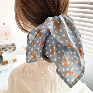 桃子柚发饰复古蓝色樱桃方巾发圈抓夹盘发夹后脑勺头饰女中号发抓