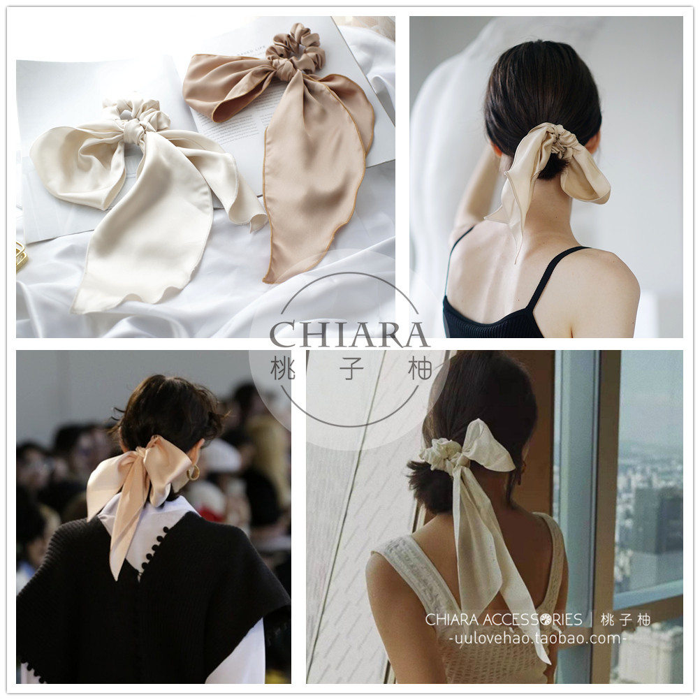 包邮欧美发饰ins复古温暖系大蝴蝶结发圈仿真丝飘带发绳发带头饰