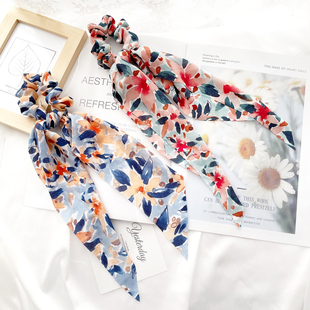 原创设计发饰高级感法式 慵懒长飘带发圈复古花朵雪纺发绳森女头饰