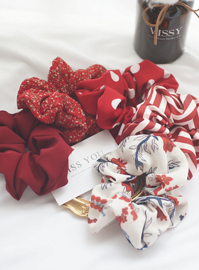 ins发饰法式浪漫复古花园酒红碎花大肠圈美式少女brandy发圈发绳