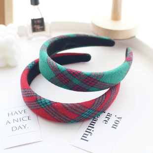 圣诞发饰秋冬新款 高颅顶发卡 头饰红色发箍女格子海绵头箍复古法式